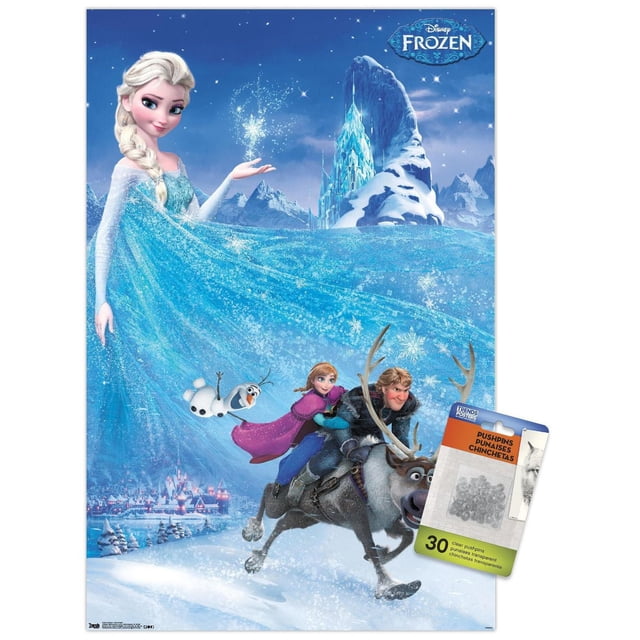 Disney Frozen - Adventure One Sheet Wall Poster, 22.375" x 34" depicting Elsa in a flowing blue ice dress creating snowflakes, Olaf the snowman floating nearby, and Anna and Kristoff riding Sven the reindeer across a snowy landscape with an ice castle and mountain backdrop, printed on glossy poster paper suitable for bedroom or dorm wall decor.