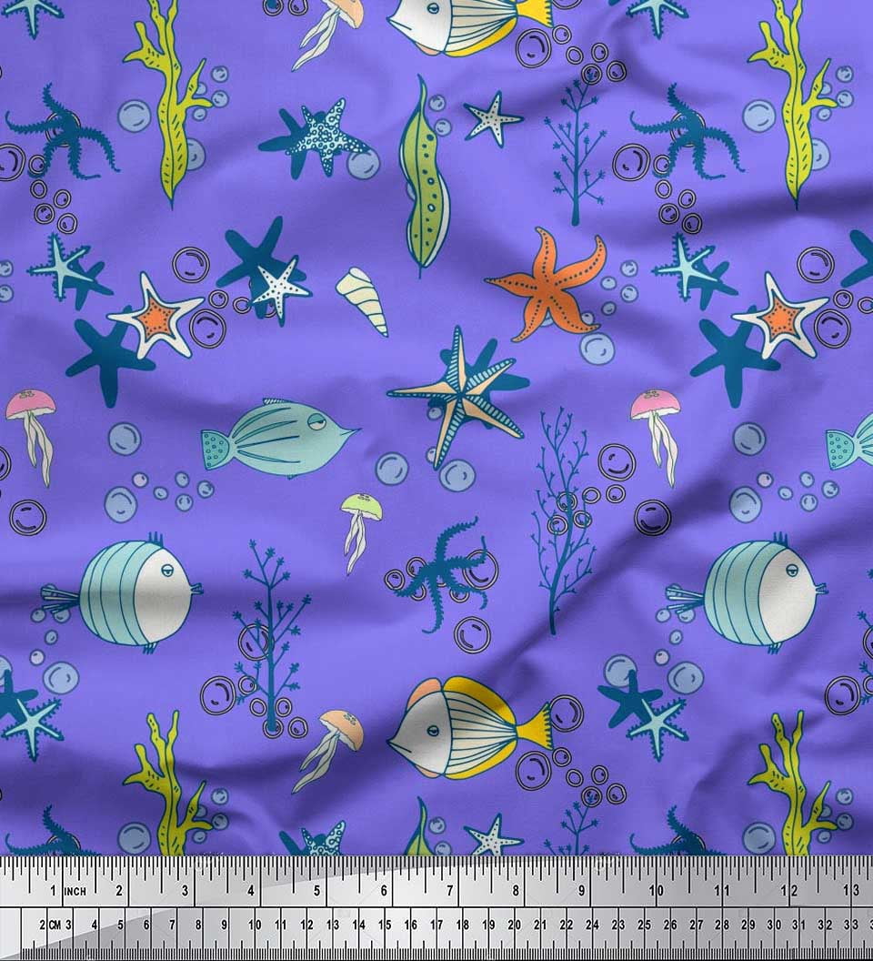 Soimoi Moss Georgette Fabric Fish,Coral & Starfish Ocean Fabric Prints by Yard 42 Inch Wide