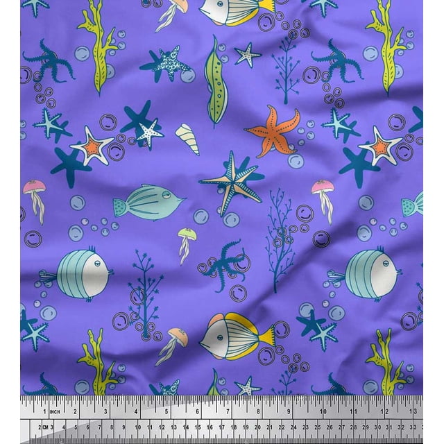 Soimoi Moss Georgette Fabric Fish,Coral & Starfish Ocean Fabric Prints by Yard 42 Inch Wide