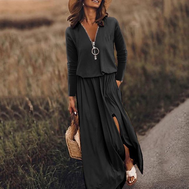 Gspmoly Robes Décontractées pour Femmes, Robe Décontractée à Taille pour Femmes à Manches Longues avec Fermeture Éclair, Robe Pure à Col en V, Robes d'Été pour Femmes Articles en Liquidation