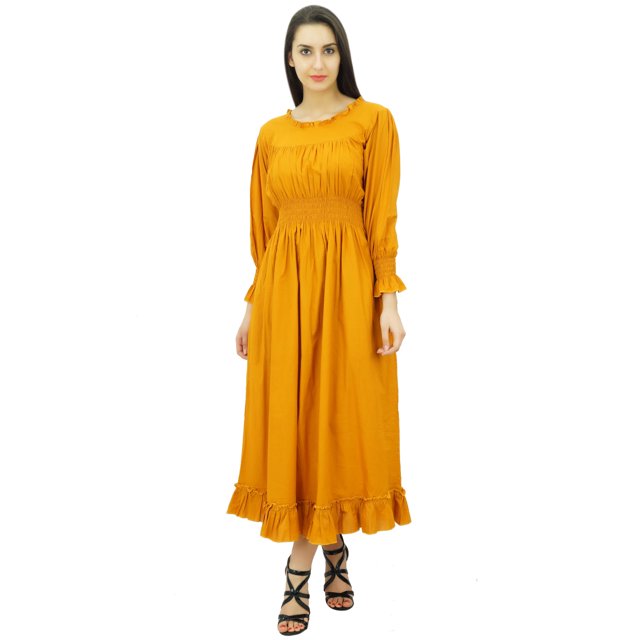Bimba Robe Maxi Longue Décontractée en Coton pour Femme à Taille Smockée