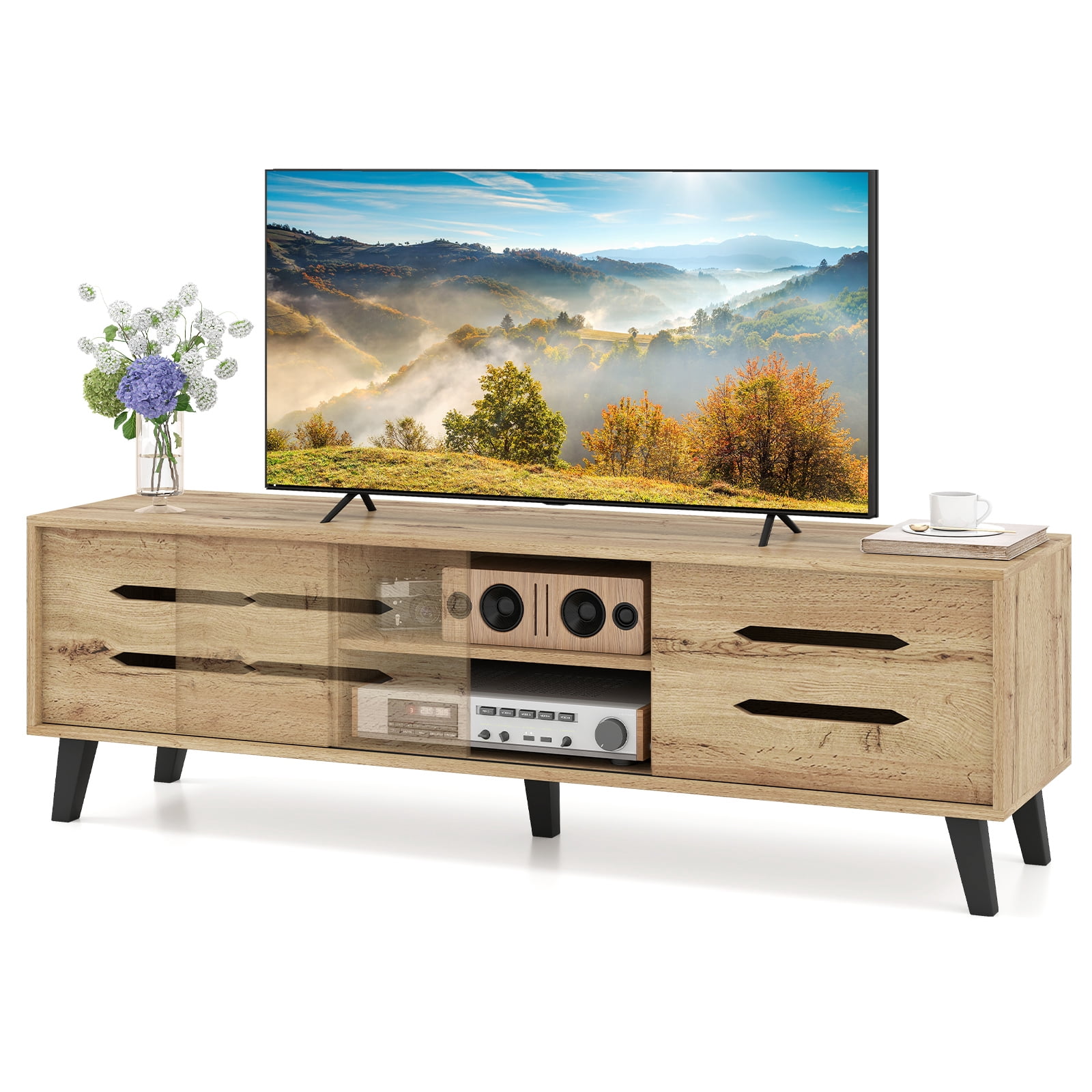 Gymax Support TV avec portes coulissantes, étagères de rangement, trou pour câbles, pieds de support pour téléviseurs de 65 po