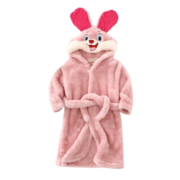 Hiiyo Little Girls Cartoon Bathrobe Flannel Warm Hooded Nightrobe Sleepwear Homewear