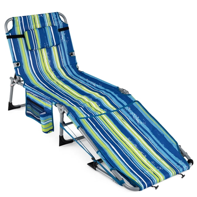 Costway Chaise Longue Pliante d'Extérieur à 4 Positions avec Ouverture pour le Visage et Repose-Pieds Réglable, Rayures Bleues