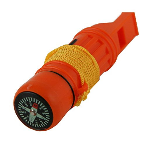 Emergency Zone 5 en 1 Survival Whistle avec un design orange Vif, Doté d'Une Boussole Intégrée, d'Un Miroir de Signalisation, d'Un Sifflet Criard, d'Un Contenant Étanche et d'Une Tige en ferro. Idéal pour l'Équipement de Préparation aux Urgences, Il Comprend une Lanière pour une Portabilité Facile.