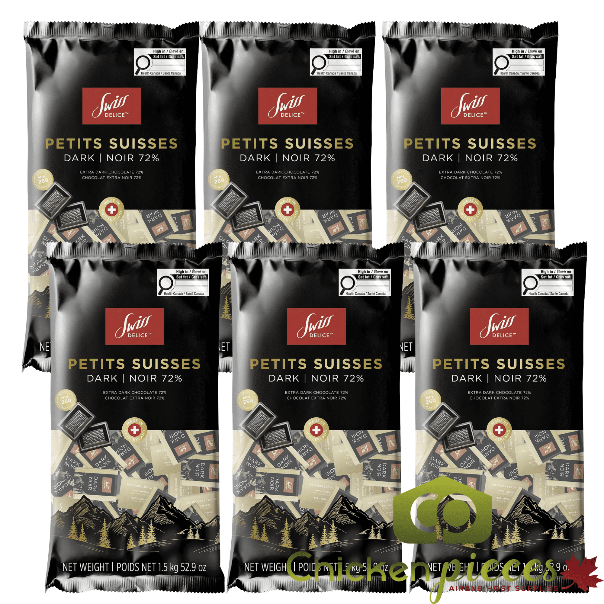 Swiss Delice Petits Suisses 72% Individually Wrapped Dark Chocolate - 1.5 kg- 6 PACK