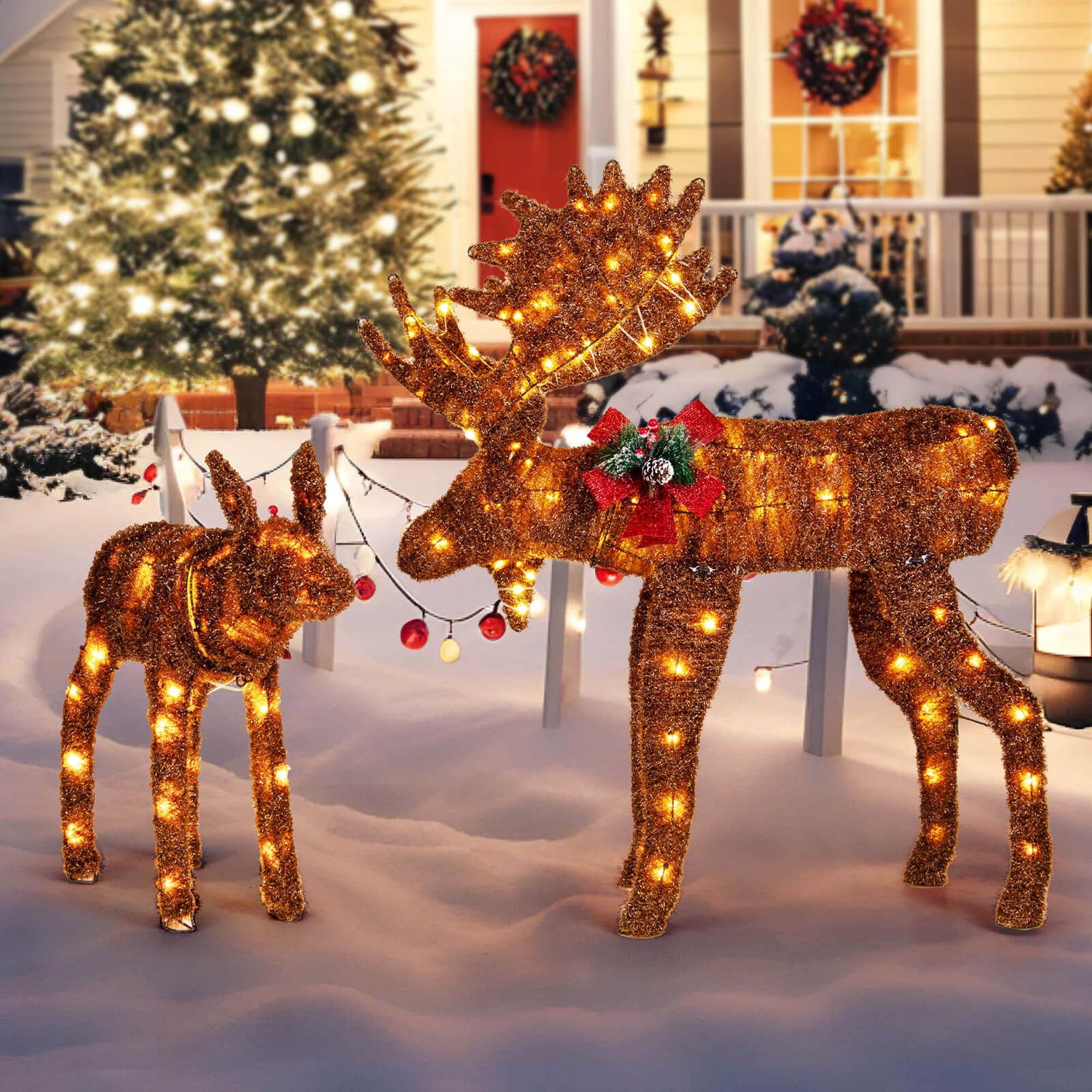 Costway 2 Pcs Décorations de Famille d'Élans Lumineux Xmas avec 170 Lumières LED