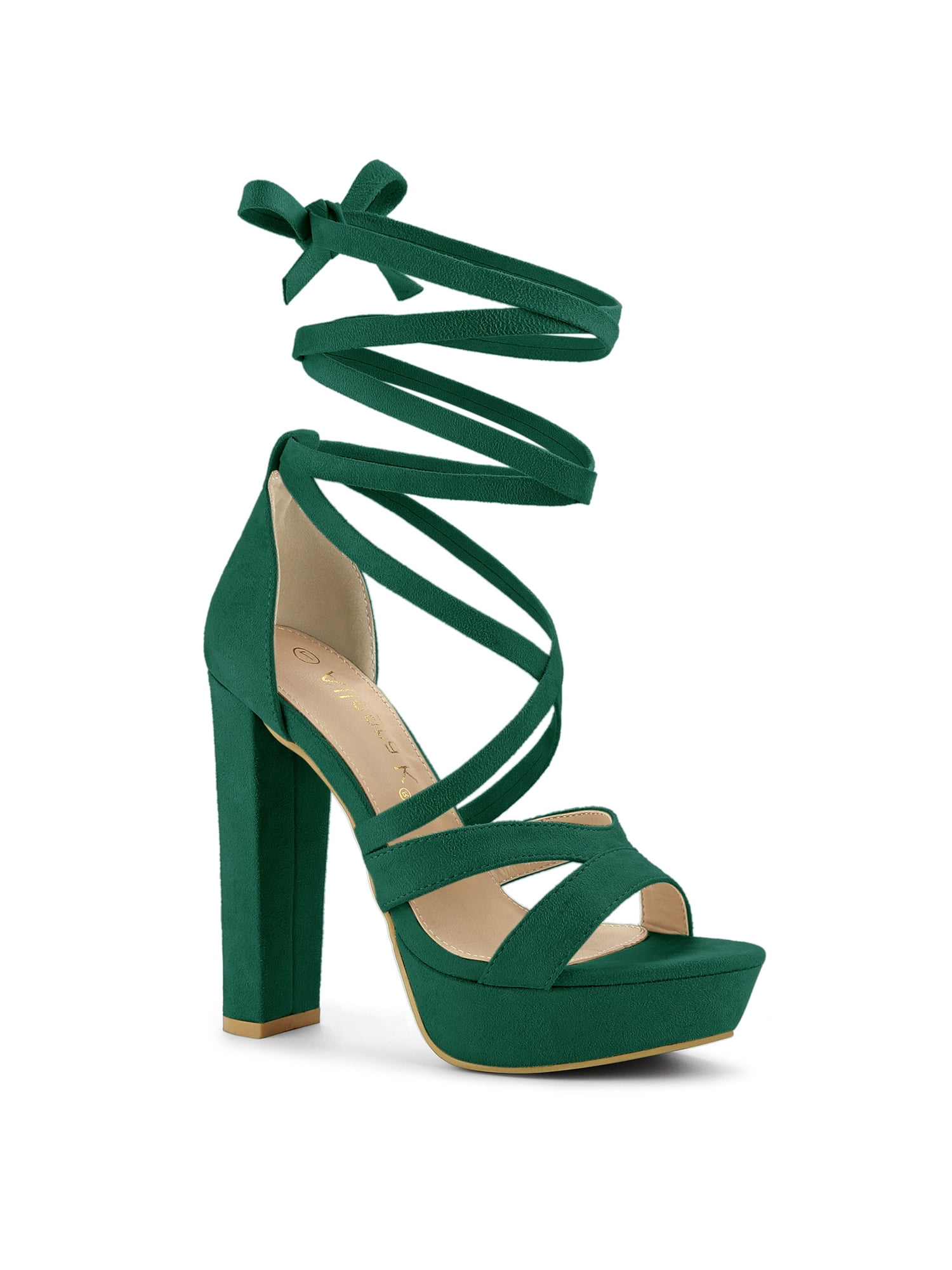 BLISSFUL STEP Women's Lace Up Platform Block High Heel Sandals Emerald Green 7
