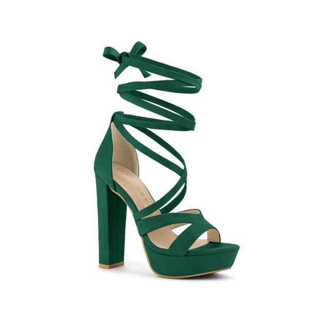 BLISSFUL STEP Sandales à Talons Hauts Blocs à Plateforme à Lacets pour Femmes Vert Émeraude 7