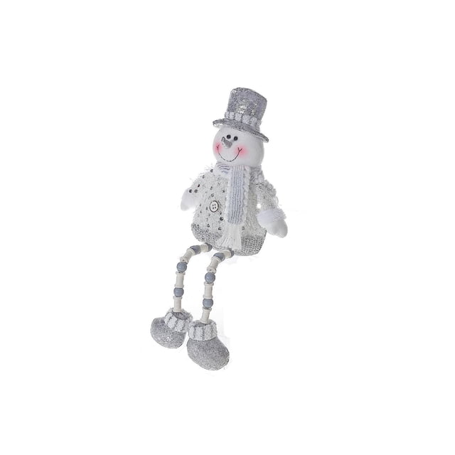 Christmas Icy Glam Snowman Shelf Dangler 17" crafted from white polyester with glitter buttons, a silver glitter top hat, light blue knitted muffler, and bead legs ending in silver boots, ideal for holiday decorative accents and winter shelf displays.