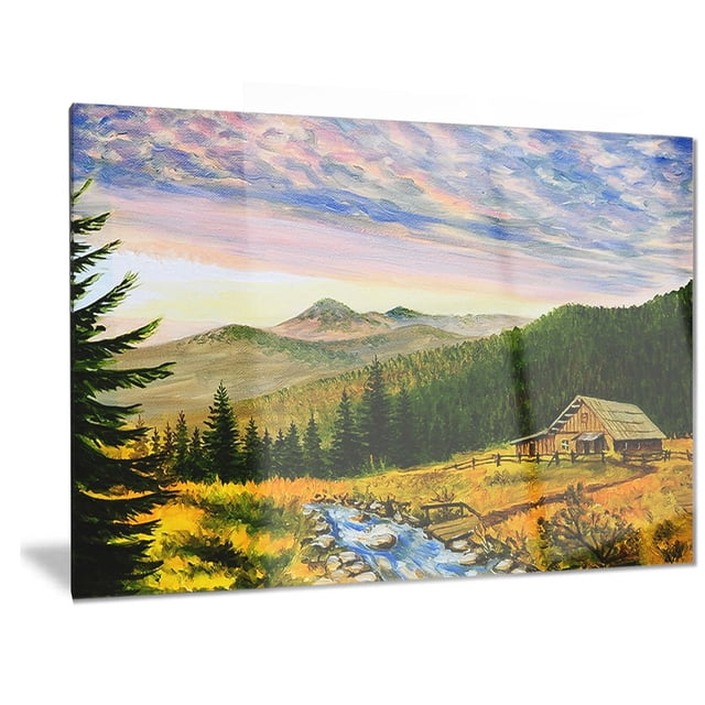 Design Art Sunset in Mountains Landscape Metal Wall Art with a high gloss aluminium panel mounted on a wood sub frame, depicting a sunset mountain scene with pine trees, a flowing stream, and a rustic cabin, ready to hang and suitable for modern home décor.