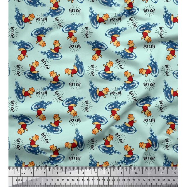 Soimoi Cotton Poplin Fabric Text,Rugby Ball & Bird Cartoon Print Fabric by The Yard 42 Inch Wide