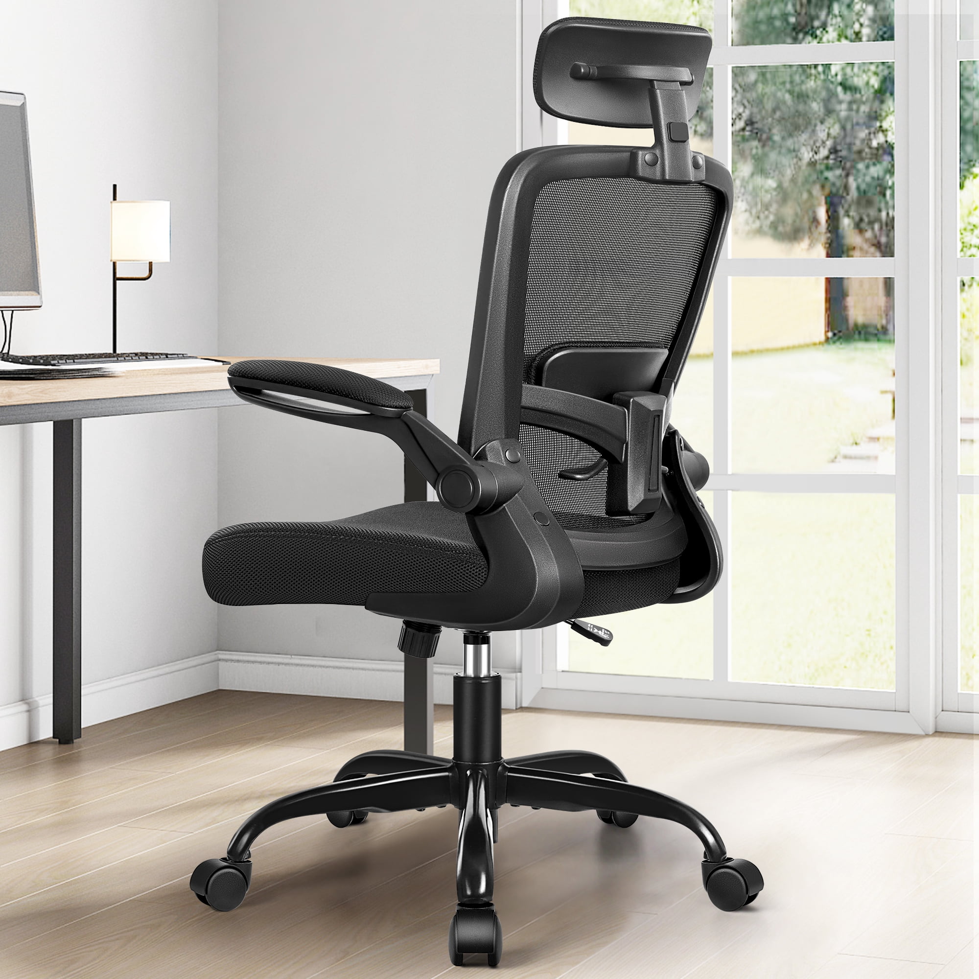 COOLHUT Ergonomic Office Chair with Adjustable 3D Headrest & Lumbar Support, High Back Comfy Mesh Home Office Chair with Flip-up Arms & Wheels, Adjustable Height Computer Gaming Chair