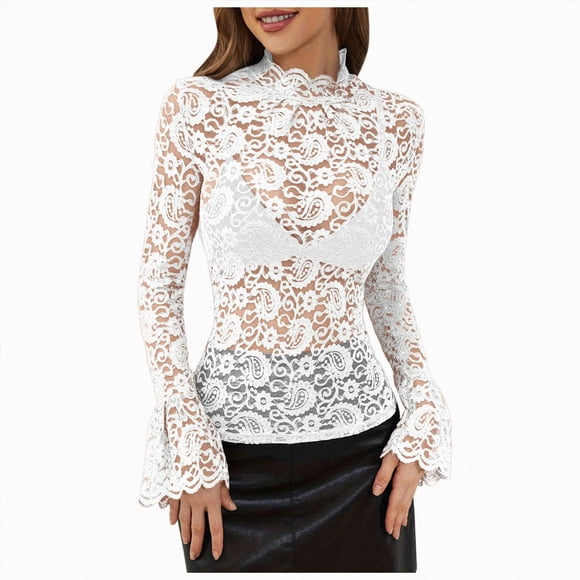 WUANDIXFA Long Sleeve Tops Women's Floral Embroidery Eyelet Lace Crew Neck Long Sleeve Top White,L