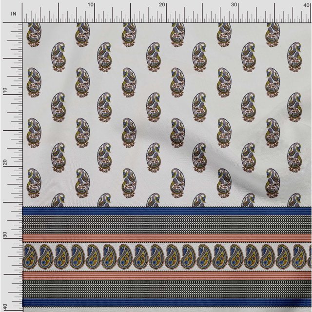 Soimoi Poly Georgette Fabric Stripe,Paisley & Peacock Panel Printed Fabric 1 Yard 52 Inch Wide