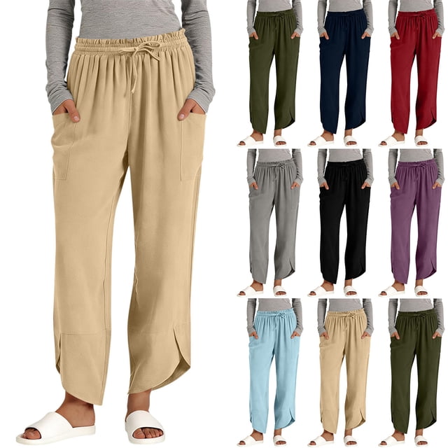 Sentmoon Women Work Pants Solid Color Drawstring Elastic Waist Women's Linen Pants Oversized Summer Loose Pants for Women with Pocket Vacation Essentials for Women for Work and Office