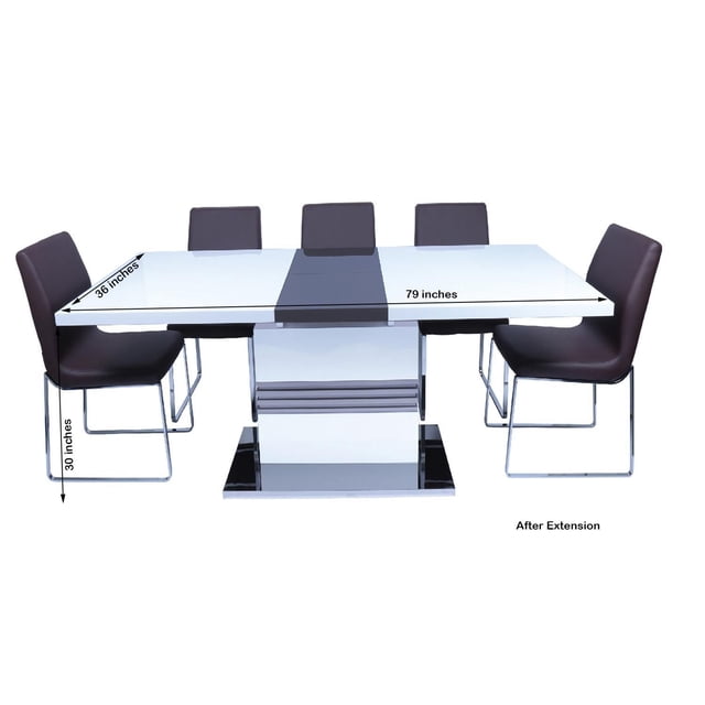 Canadian Maxwell Wenge Extension Dining Table with a high gloss white surface and stainless steel base plate, extended to 79 by 36 inches, paired with six dark brown chairs with chrome legs, ideal for compact homes and suitable for formal or casual dining.