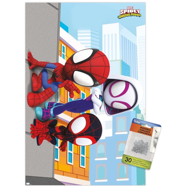 Marvel Spidey and His Amazing Friends Affiche Murale, 22,375 Pouces x 34 Pouces, Représentant Trois Personnages Stylisés de Spider-Man en Rouge, Noir et Blanc, Costumes Escaladant un Bâtiment de Ville avec des Fenêtres Colorées et des Gratte-Ciel en Arrière-Plan, Imprimée sur Papier Lustré avec des Punaises Transparentes Incluses pour une Suspension Facile, Convient à la Décoration Murale de Chambre Ou de Chambre d'Enfant.