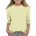 thumbnail image 1 of 2025 Chemises à Manches 3/4 pour Filles Mode Couleur Unie Col Rond Hauts Chemises Décontractées Jaune, 1 of 6