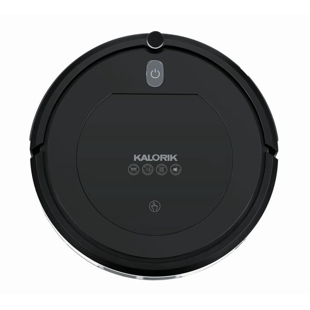Kalorik® Home Ionic Air Purifying Robot Vacuum RVC 51732 BK top view of a round black robot vacuum with a matte finish, central power button, Kalorik logo, and icons for cleaning modes, highlighting its smart navigation and HEPA filtration features.