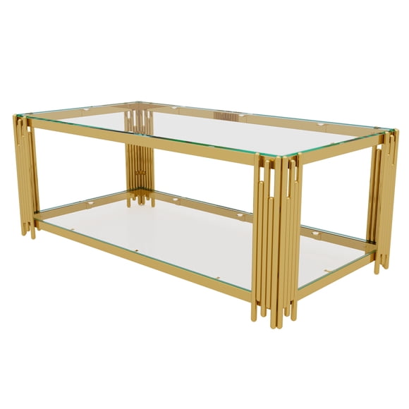Morufur Modern Clear Glass Top Coffee Table with Shelf, Rectangle Coffee Table with Gold Metal Legs for Living Room