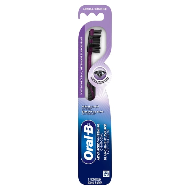 Oral-B Charcoal Toothbrush, Medium with charcoal infused bristles for whitening and plaque removal, featuring a purple and black ergonomic handle, PowerTip bristles for hard-to-reach areas, gum massagers, and a tongue and cheek cleaner in retail packaging.