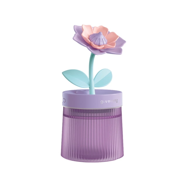 TopLLC USB Humidifier with Light in a purple design featuring a flower-shaped top with pastel pink petals and green leaves. This cool mist humidifier is made of acrylonitrile butadiene styrene, has a 260ml water tank, and operates quietly with two mist modes: continuous and intermittent. It includes a USB power supply and colorful light effects that change automatically. Compact and portable, it is suitable for bedrooms, offices, and travel. Dimensions are 20x9.6x9.6cm.