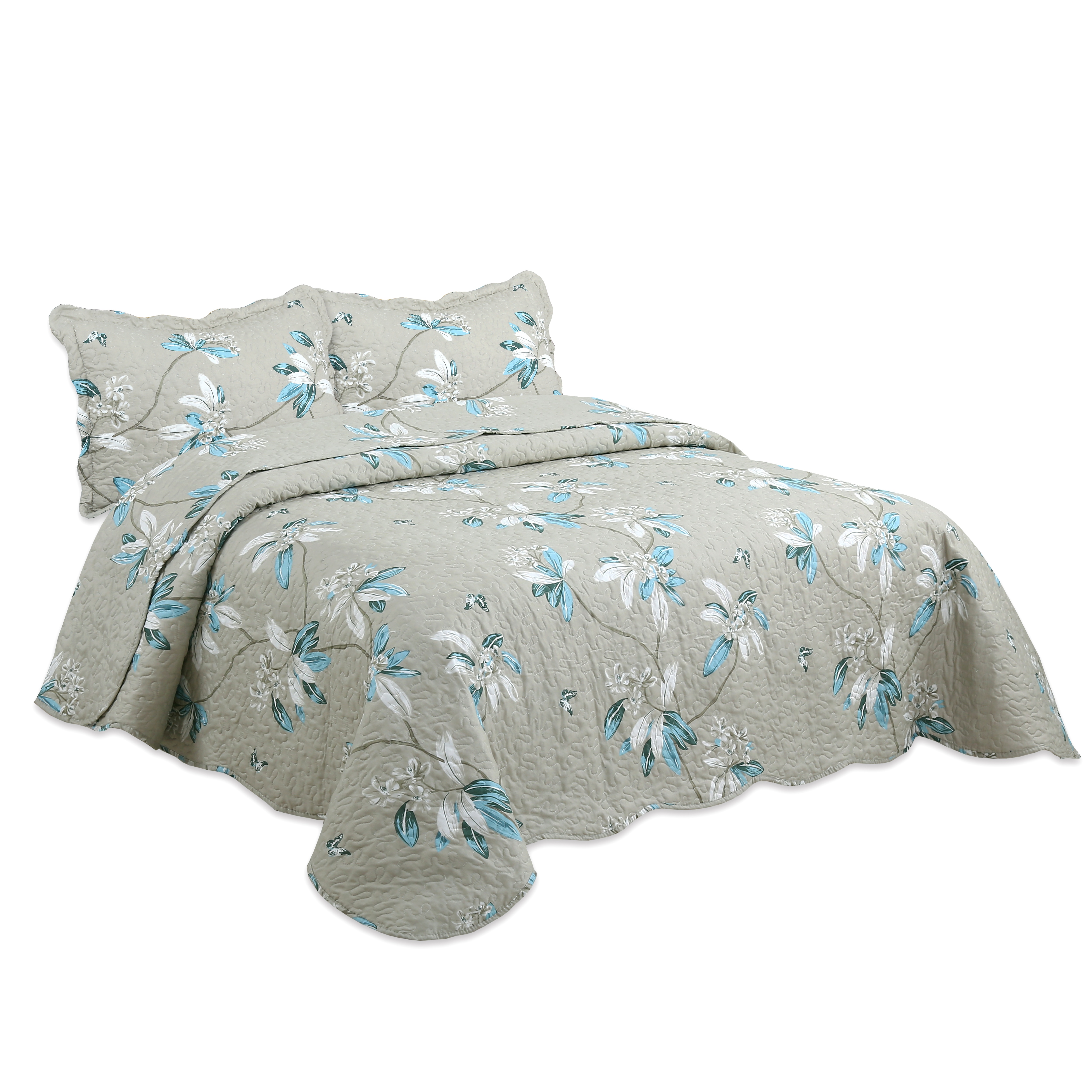 Marina Decoration Couvre-lit à imprimé riche et coutures ultra douces, parure de lit d'été avec taie d'oreiller matelassée, motif floral taupe moderne
