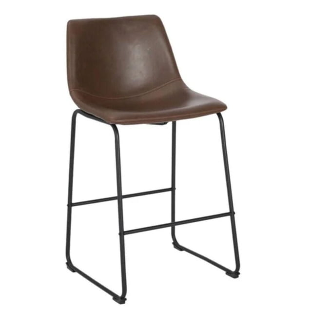 Heavenly Collection STOOL 26" BROWN with brown faux leather upholstery featuring a distressed texture and matte black powder-coated sled legs, designed for kitchen and dining seating at bar or counter height, also suitable as a compact workspace stool.