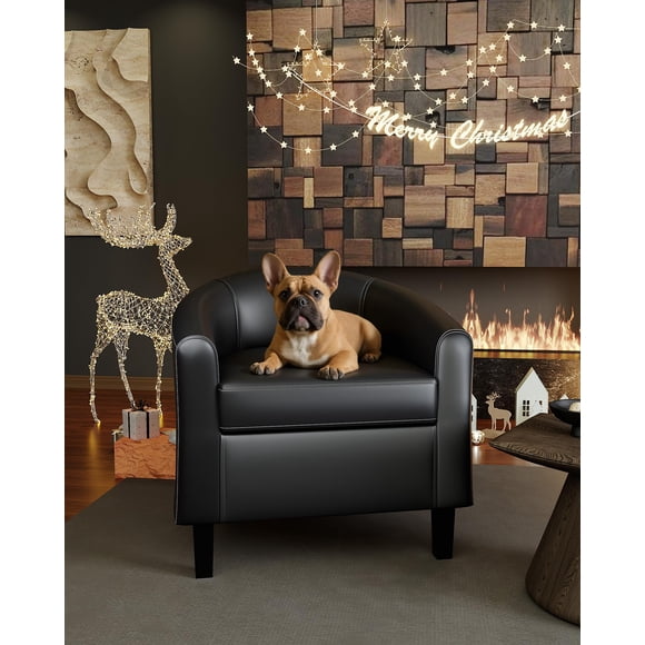 AKDSteel Faux Leather Barrel Accent Chair, Club Armchair With Soft Padded Seat For Living Room Or Bedroom