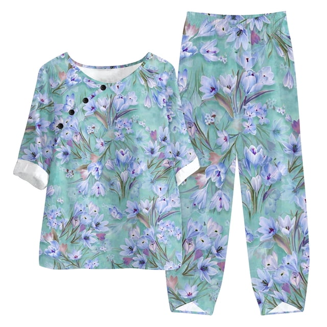 Birdeem Ensemble Deux Pièces pour Femmes d'Été Imprimé, Haut Court à Manches Mi-Longues à Col Rond + Pantalon Décontracté, Ensemble de Détente