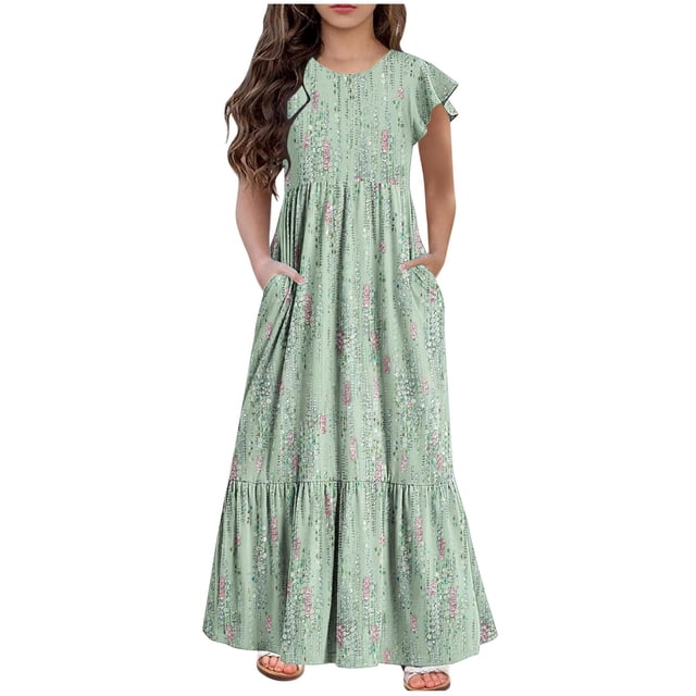 Yanlir Robe d'Été à Volants pour Filles 4-14 Ans, Robes Trapèze pour Enfants Sans Manches à Col Rond, Robe Soleil pour des Tenues Confortables et Stylées (Vert#1, 12 Ans)