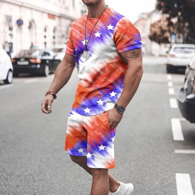 cllios 4th of July Outfit for Men 2 Piece Set Independence Day Mens Athletic Outfits Short Sleeve Shirts and Drawstring Shorts Set American Flag Matching Suits Independence Day Workout Tracksuits