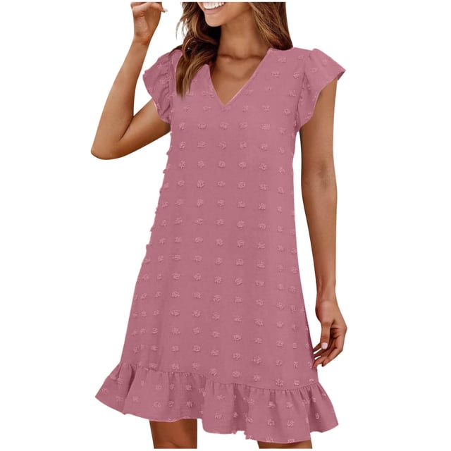 LOVZFMLL Robes d'Été pour Femmes 2025 Col en V Manches Courtes Volantées Ourlet à Volants Robe Smock Mini Décontractée Plage Vacances Vêtements pour Femmes Rose G