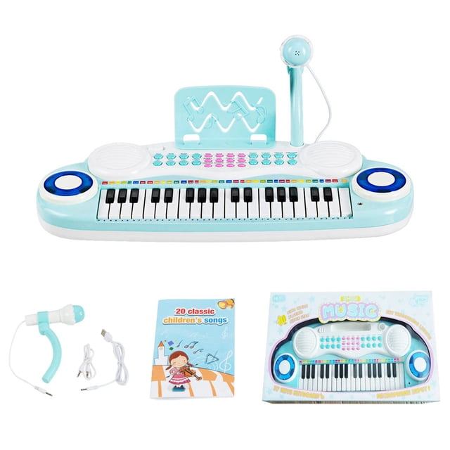 Costway 37-Key Keyboard Piano Electronic Musical Instrument in blue, featuring 37 keys, 8 tones, 4 percussion instruments, and 8 rhythm modes. Made of durable ABS material, it includes a detachable microphone, music stand, USB charging cable, and MP3 cable. The keyboard has recording and playback functions, adjustable volume, and external interfaces for MP3, earphones, and charging. Suitable for children over 18 months, it measures 18.5 inches by 8 inches by 1.5 inches and weighs 1.5 lbs.