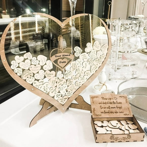 Kit de Livre d'Or de Mariage Boîte de Dépôt de Livre d'Or en Forme de Cœur en Bois avec 1x Boîte Cadre en Forme de Cœur 1x Support 1x Boîte de Rangement 60x Cœurs pour Mariages Shower de Bébé Anniversaire