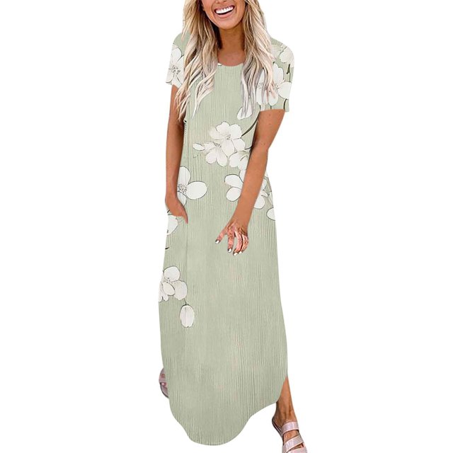 Ovzne Robes pour Femmes 2025 Robe de Plage Mode Robe Décontractée pour Femmes Imprimée à Manches Courtes à Col Rond avec Poches Robe Grande Taille Robe Maxi à Manches Courtes Imprimée Liquidation