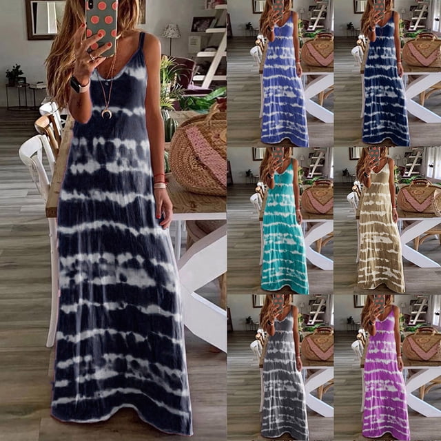 Robe Maxi pour Femmes Robe pour Femmes Robe à Manches Longues Femmes Col Rond Sans Manches Dégradé Teinture sur Nœuds Rayé Décontractée Bohème Robe Maxi