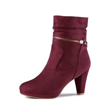 BLISSFUL STEP Women's Ankle Boots Faux Suede Chunky Heel Side Zipper Slouch Shaft Boots Burgundy 8