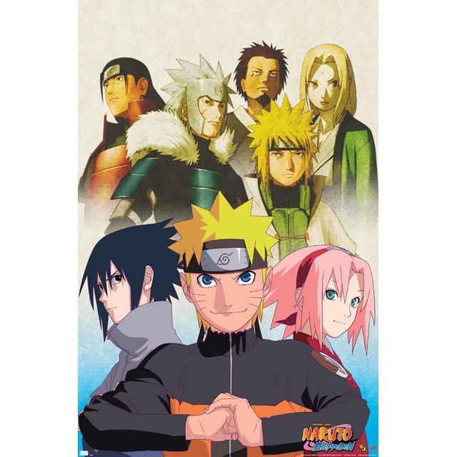 Naruto Shippuden - Key Art Wall Poster, 14.725" x 22.375" featuring Naruto in a black and orange jacket performing a hand sign, flanked by Sasuke and Sakura, with four other ninja characters behind them in detailed attire. The poster has a textured beige to blue gradient background and is printed on glossy paper for vibrant anime wall art suitable for bedrooms, offices, or dorms.
