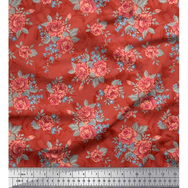 Soimoi Tissu Satin Soie Feuilles & Roses Imprimé Floral 1 Yard 42 Pouces de Large