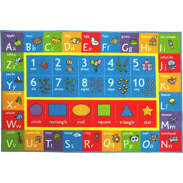 KC Cubs Playtime Collection ABC Alphabet, Numbers and Shapes Educational Learning & Game Area Rug Carpet for Kids and Children Bedrooms and Playroom featuring an 8x10 colorful design with alphabet letters A to Z paired with images like apple, bear, cat, dog, egg, fish, grass, house, ice-cream, jellyfish, kettle, lemon, mouse, notebook, owl, panda, queen, ring, snow, tree, umbrella, violin, whale, xylophone, yacht, and zebra. It includes numbers 1 to 10 with visual counting aids such as strawberries, balls, balloons, pencils, blocks, candy, leaves, flowers, coins, and stars, plus a red section showing shapes circle, rectangle, oval, square, triangle, and star. Suitable for preschools, kindergartens, daycares, and playrooms to support interactive learning.