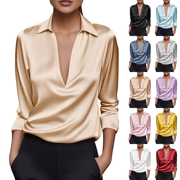 QATAINLAV Women's Satin Silk Blouses Long Sleeve V Neck Collared Shirts Business Casual Work Tops Office Dressy Outfits, White, M