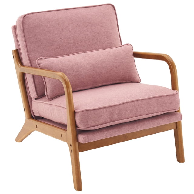 Ktaxon Mid Century Modern Accent Chair in pink linen fabric with a solid wood frame. The chair features a cushioned seat, backrest, and an additional back pillow for ergonomic support. Its breathable linen fabric and sturdy wooden frame provide durability and comfort, with a weight capacity of up to 500 lbs. Suitable for living rooms, bedrooms, or study areas.