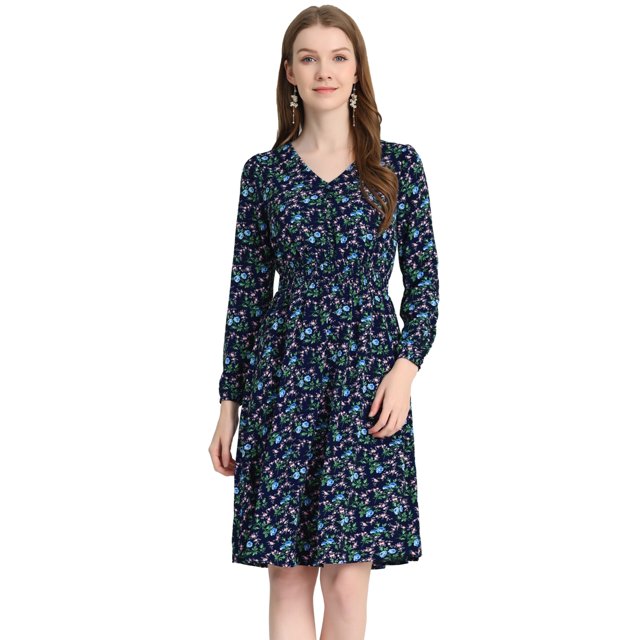 INSPIRE CHIC Robe Midi à Manches Longues Évasée à Col en V à Imprimé Floral pour Femme