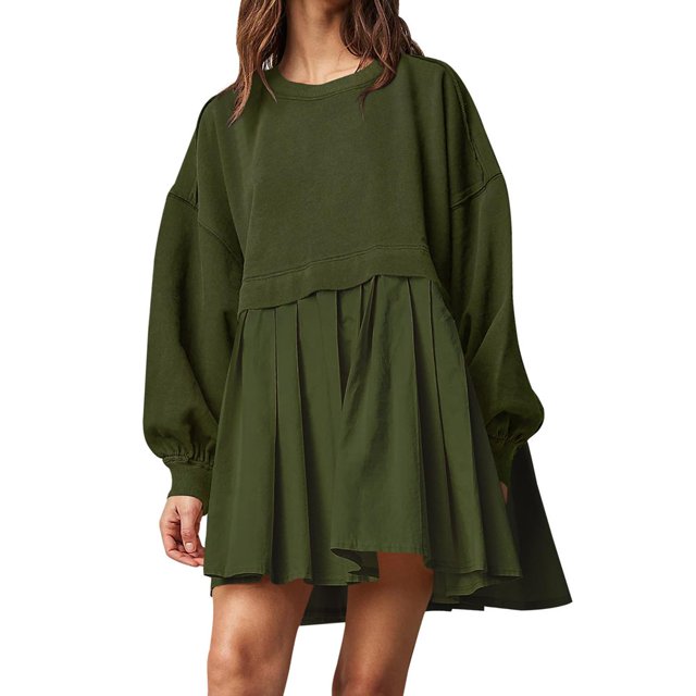 Womens Oversized Sweatshirt Dress Long Flowy Patchwork Pullover Tops Cute Drop Shoulder Sweatshirts Fall Long Sleeve Mini Dress Teen Girls Crewneck Solid Tunic Pleated Loose Clothing Beig