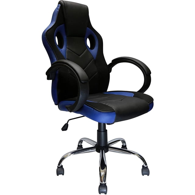 Nicer Furniture Ergonomic Gaming Chair in blue and black with a racing-style high backrest, padded armrests, and breathable mesh seating lining. Upholstered in durable polyurethane leather with a chrome base and nylon caster wheels, featuring an adjustable lock-tilt mechanism. Also suitable for extended office work or gaming sessions.