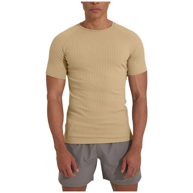 cfhntfmh Men's Muscle T Shirts Ribbed Knit Stretch Short Sleeve Round Neck Workout Tees Solid Color Slim Fit Knit Shirts