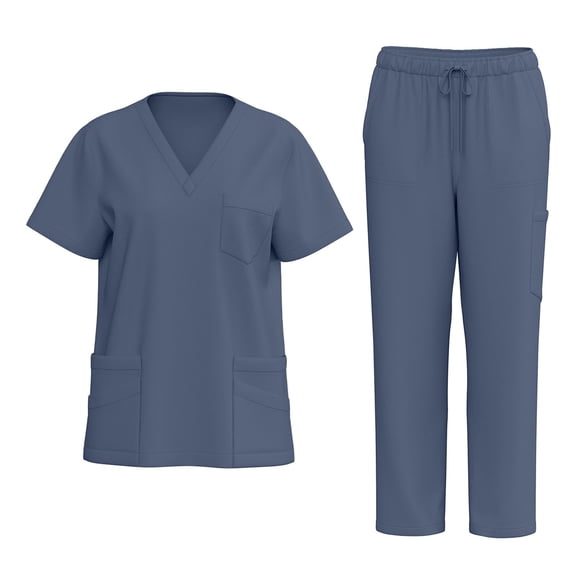 Ktyne Scrubs for Women Set Stretchy Nursing Uniform Short Sleeve V-Neck Scrub Top & Jogger Pants Solid Color Scrubs Sets with Multi Pocket Gray L