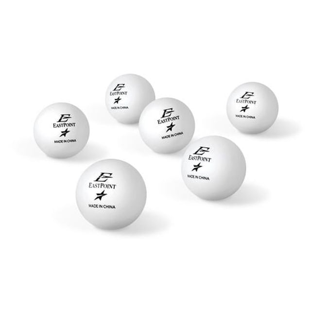 EastPoint Sports 40mm 1 Star White Table Tennis Balls scattered on a white background, each ball featuring the EastPoint logo and 'Made in China' text, official tournament size, consistent weight and bounce, ideal for recreational ping pong and casual play.
